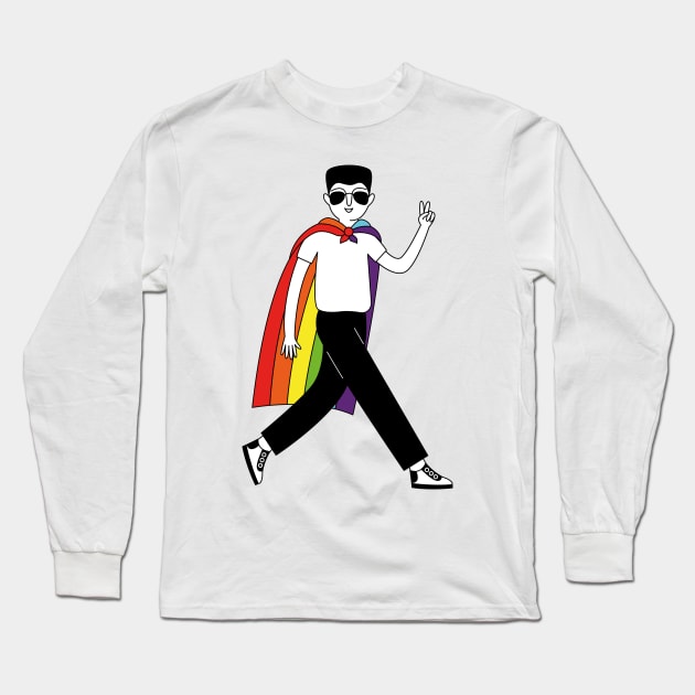 A man with a rainbow gay parade flag on his shoulders Long Sleeve T-Shirt by Savvalinka